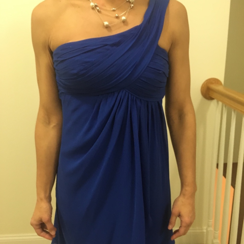 Blue one shoulder short dress by Bill Levkoff